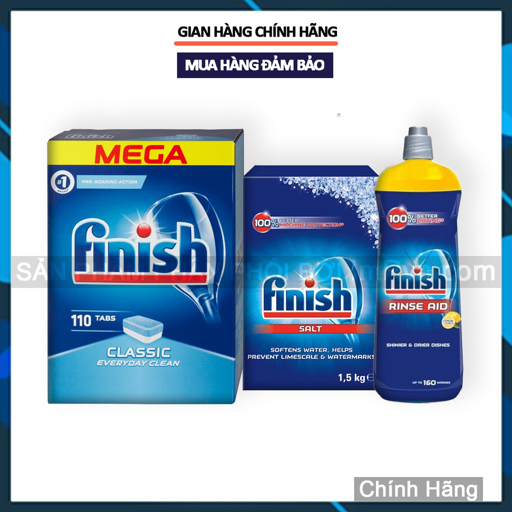 Combo viên rửa bát Finish Hộp Classic 110 viên, Muối 1.5kg, Nước làm bóng 800ml