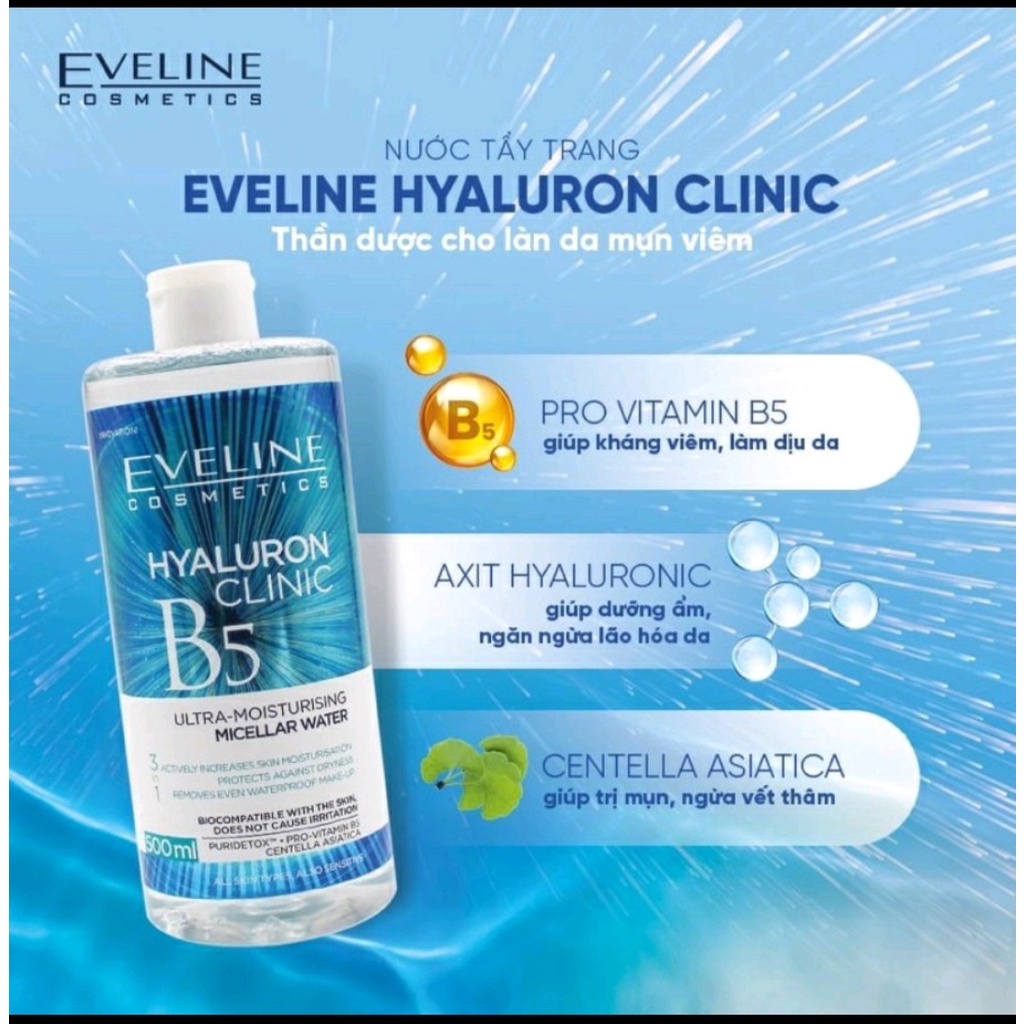 Nước tẩy trang Eveline Hyaluron Clinic B5 dưỡng ẩm 3 trong 1 500ML