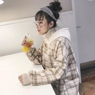 ÁO NỈ NỮ KẺ CARO PHỐI LEN CỔ CAO BO TAY HÀNG LOẠI 1 CÓ HÌNH THẬT