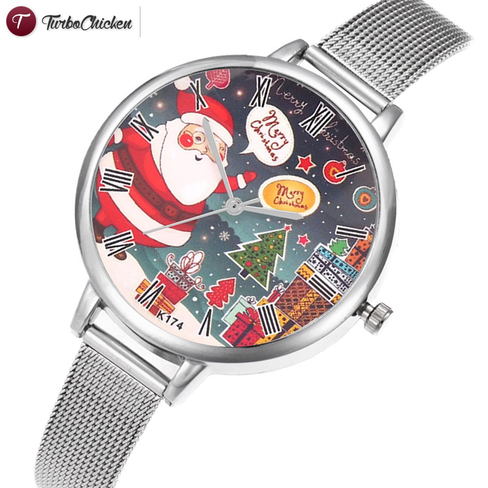 #Đồng hồ đeo tay# Cute Quartz Watch Alloy Mesh Strap Round Dial Casual Watches Christmas Cartoon Printed for Men Women