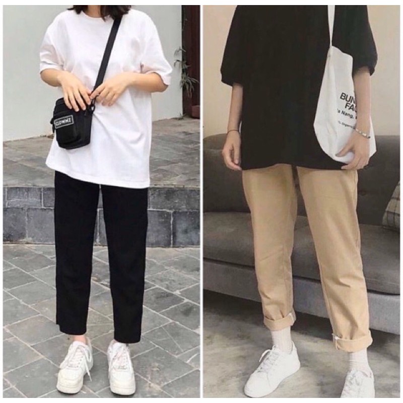 Quần Baggy Nam Nữ KAKI Ống Suông Unisex  - Kiểu quần kaki nam nữ thun vải đen và be tan