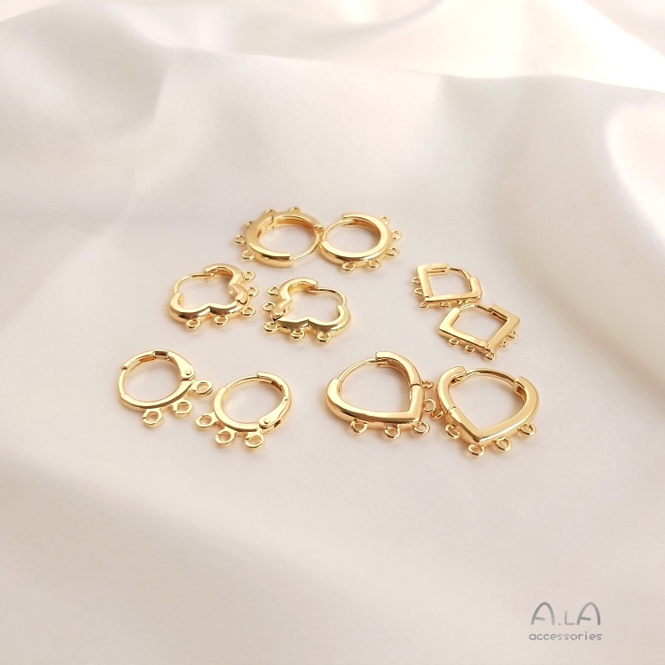 [little Blu] Khuyên Tai Móc Thủ Công Bằng Đồng 14K Hình Cỏ Bốn Lá/Trái Tim Tròn Màu Vàng Kim Thủ Công