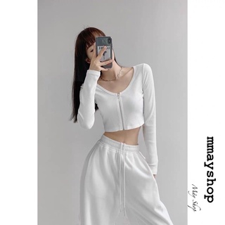 Áo crop top dài tay thiết kế khoá kéo cổ vuông _a29