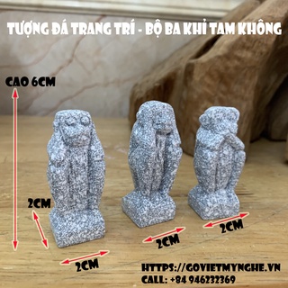 Tượng Đá Bộ Ba Khỉ Tam Không Phong Thủy - Size Nhỏ Cao 6cm - Màu Đá Xám