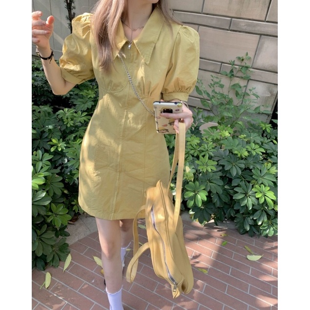 Váy sơmi tay bồng chỉ nổi phong cách trẻ trung hàn quốc