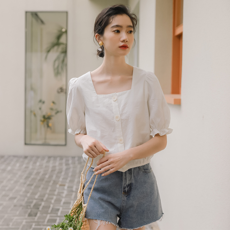 Áo Thun Cotton Tay Ngắn Cổ Vuông Màu Vàng Trắng Thời Trang Mùa Hè Cho Nữ