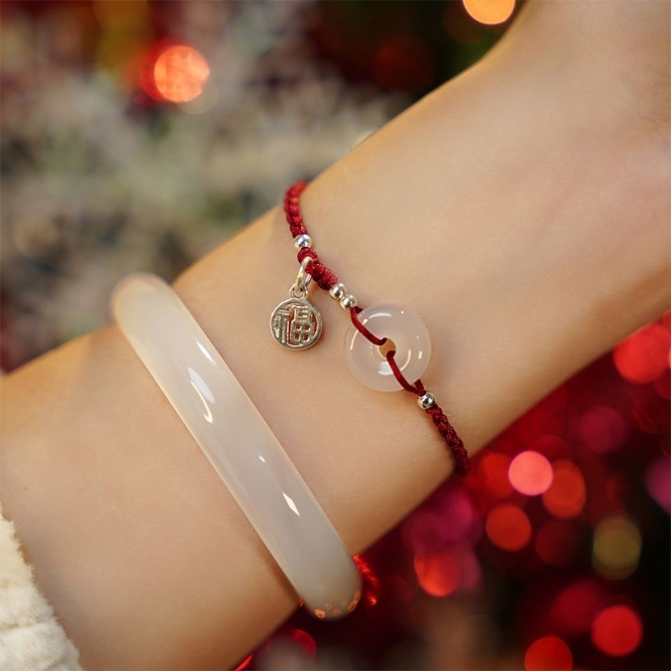 Vòng Đeo Tay May Mắn Bện Dây Đỏ Bằng Đá Chalcedony Tự Nhiên An Toàn