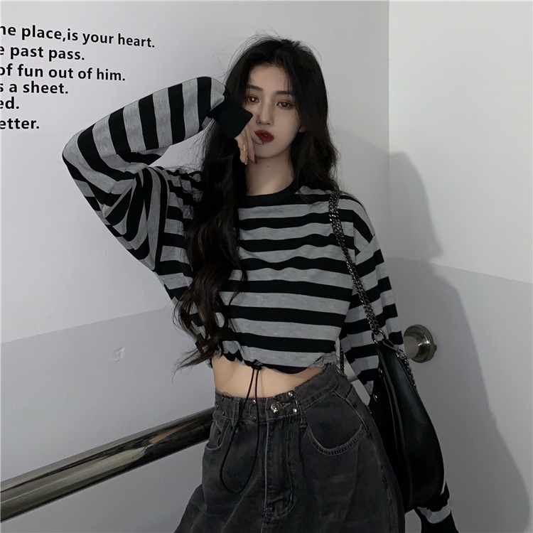 Áo Thun Tay Dài Họa Tiết Sọc Ngang Thời Trang Cho Nữ