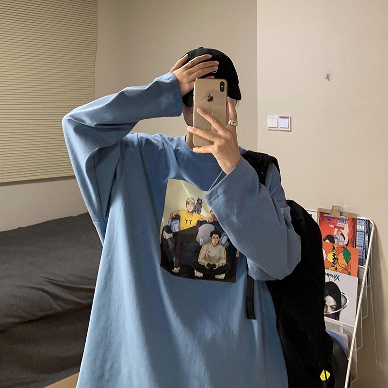 Áo thun tay dài dáng rộng in họa tiết hoạt hình phong cách Nhật Bản thời trang cho nam
