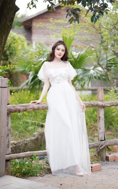 Đầm maxi dự tiệc mặc cưới tay ngắn kết hoa nổi TRIPBLE T DRESS - size M/L (kèm ảnh/video thật)MS34V