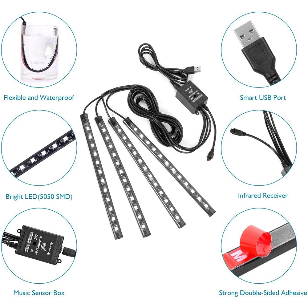 Đèn LED Neon Không Dây USB Trang Trí Nội Thất Xe Hơi Kèm Điều Khiển Từ Xa