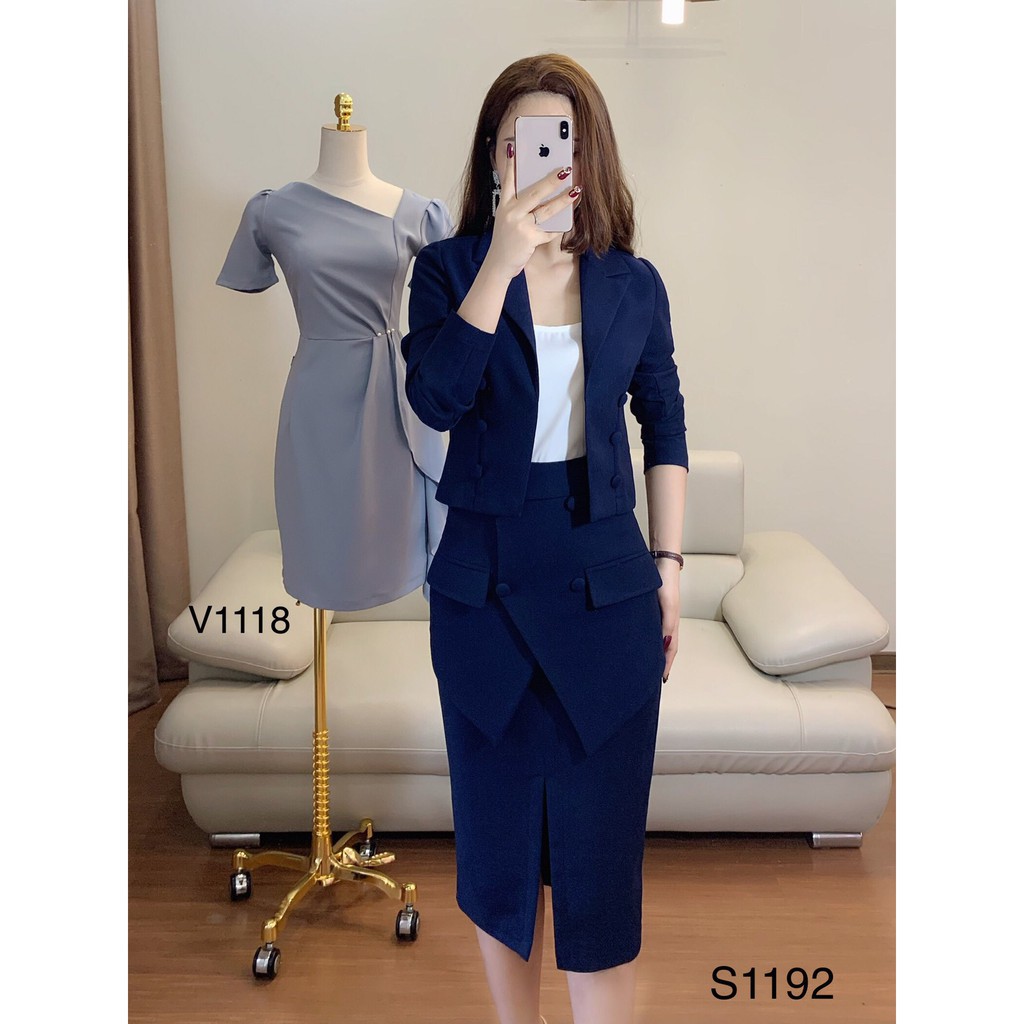 Set vest lửng xanh than S1192 - Váy Xinh DVC (Kèm ảnh thật trải sàn do shop tự chụp)