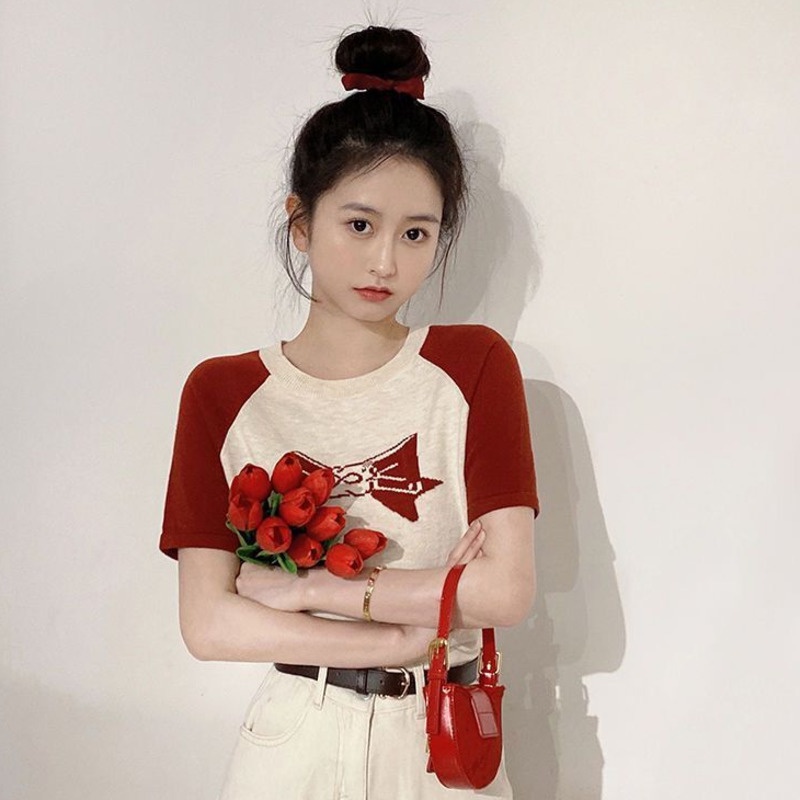 Áo Thun Dệt Kim Ngắn Tay Thắt Nơ Phong Cách Hàn Quốc Gợi Cảm Cho Nữ