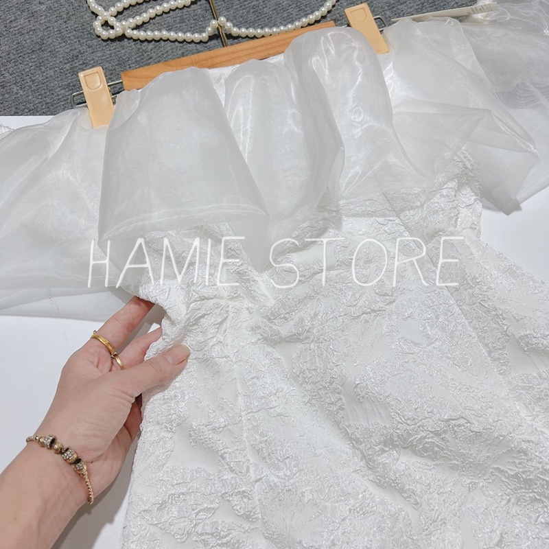 Đầm thiết kế dự tiệc trễ vai bánh bèo tiểu thư HNL407, váy xòe nữ chữ A dáng ngắn phối voan điệu đà