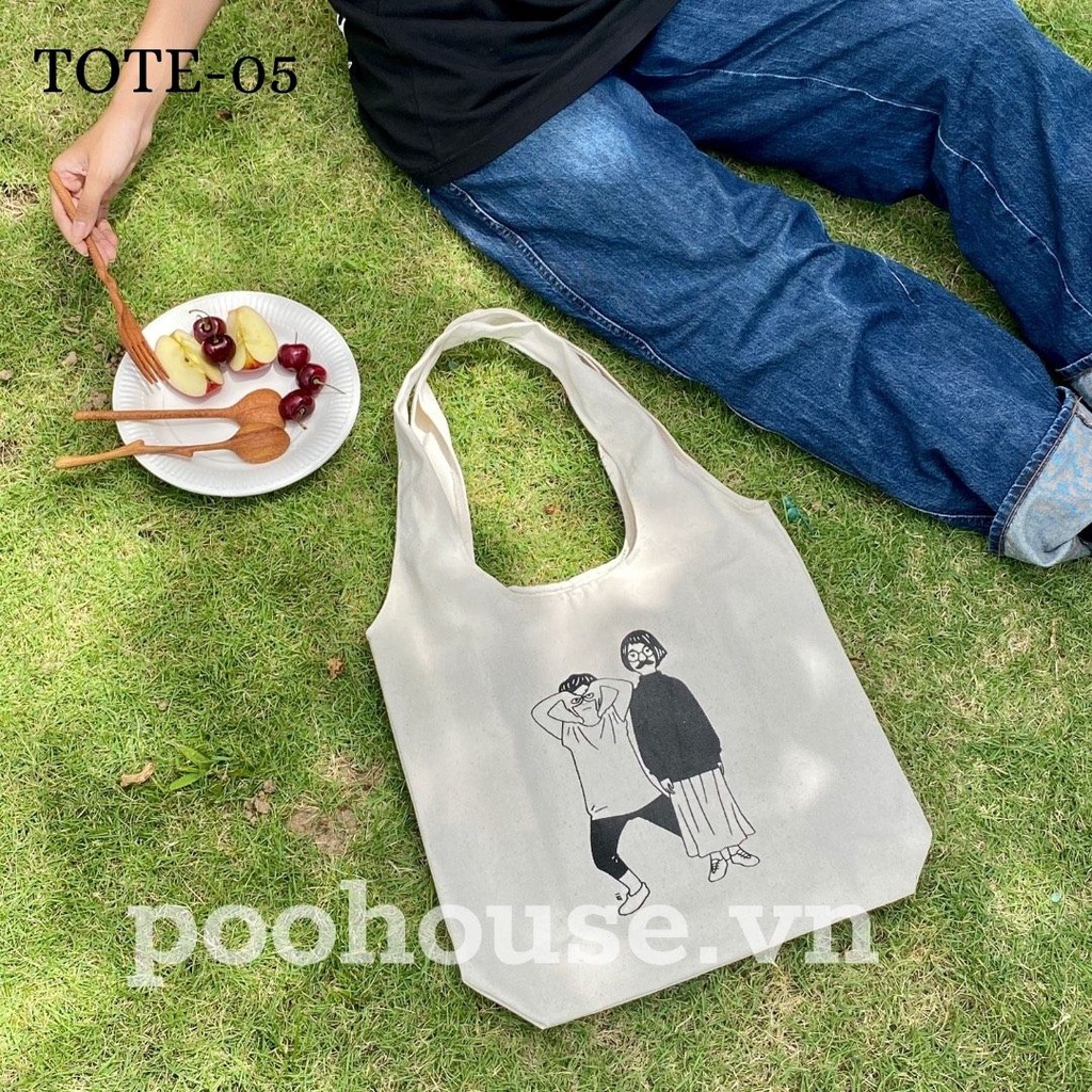 Túi tote, túi vải canvas mộc liền quai phong cách vintage, ulzzang Hàn Quốc