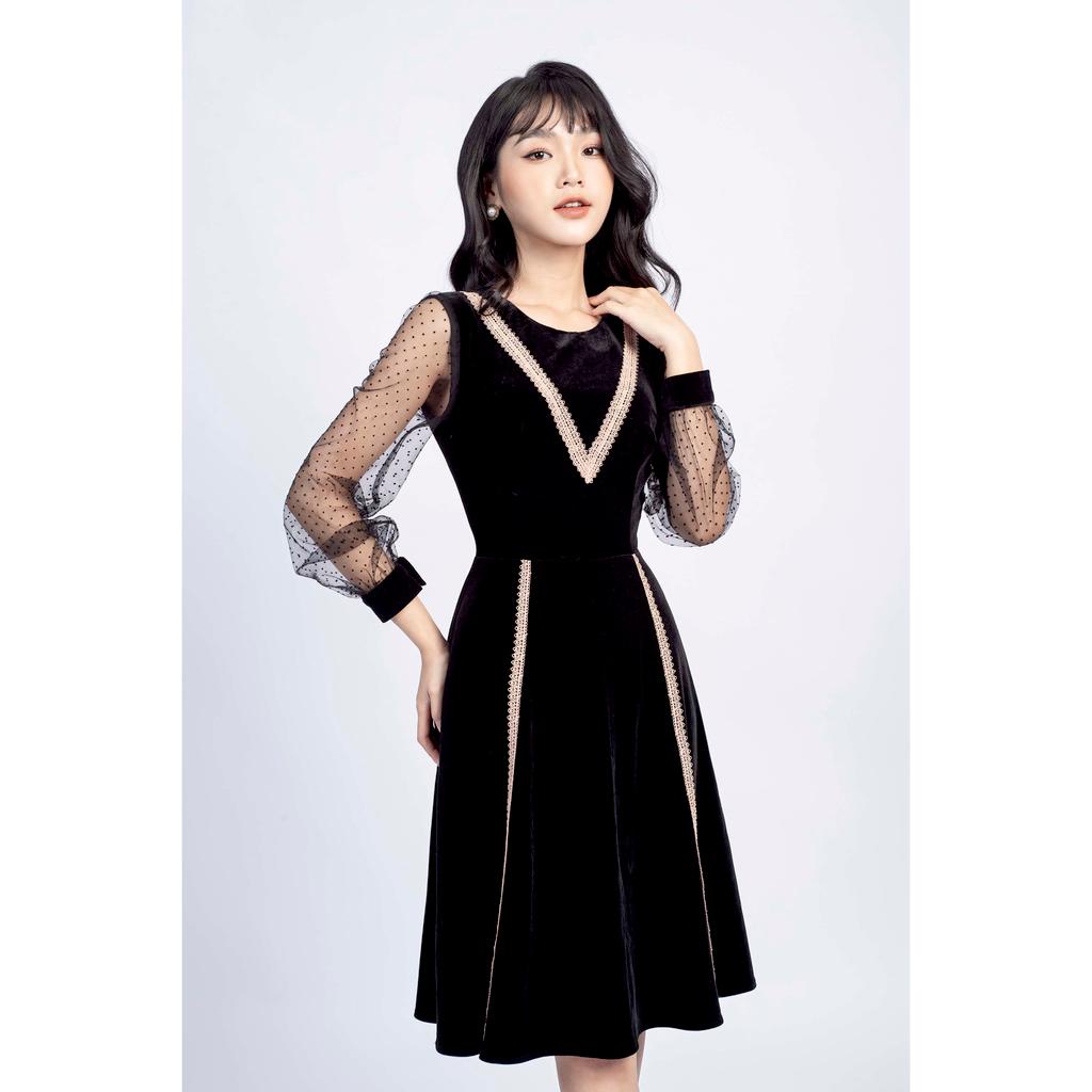 Đầm xòe cổ tròn, tay dài phối lưới MMOutfit M-DA060921304