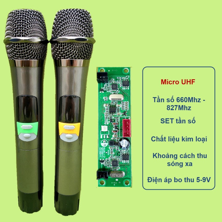 Micro không dây đôi UHF  660 mhz - 827mhz.  loa kéo mạch loa kéo - SET tần số - thân nhôm - phím bấm, micro cho loa kéo