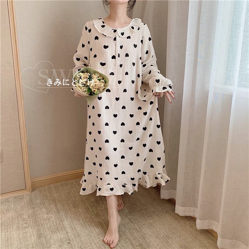 Váy ngủ dài tay xô muslin hoạ tiết trái tim