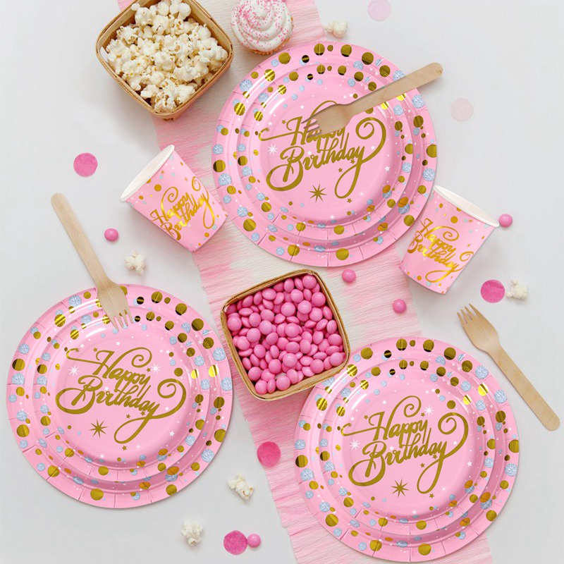 Bộ dụng cụ bàn ăn màu hồng dùng một lần trang trí tiệc sinh nhật