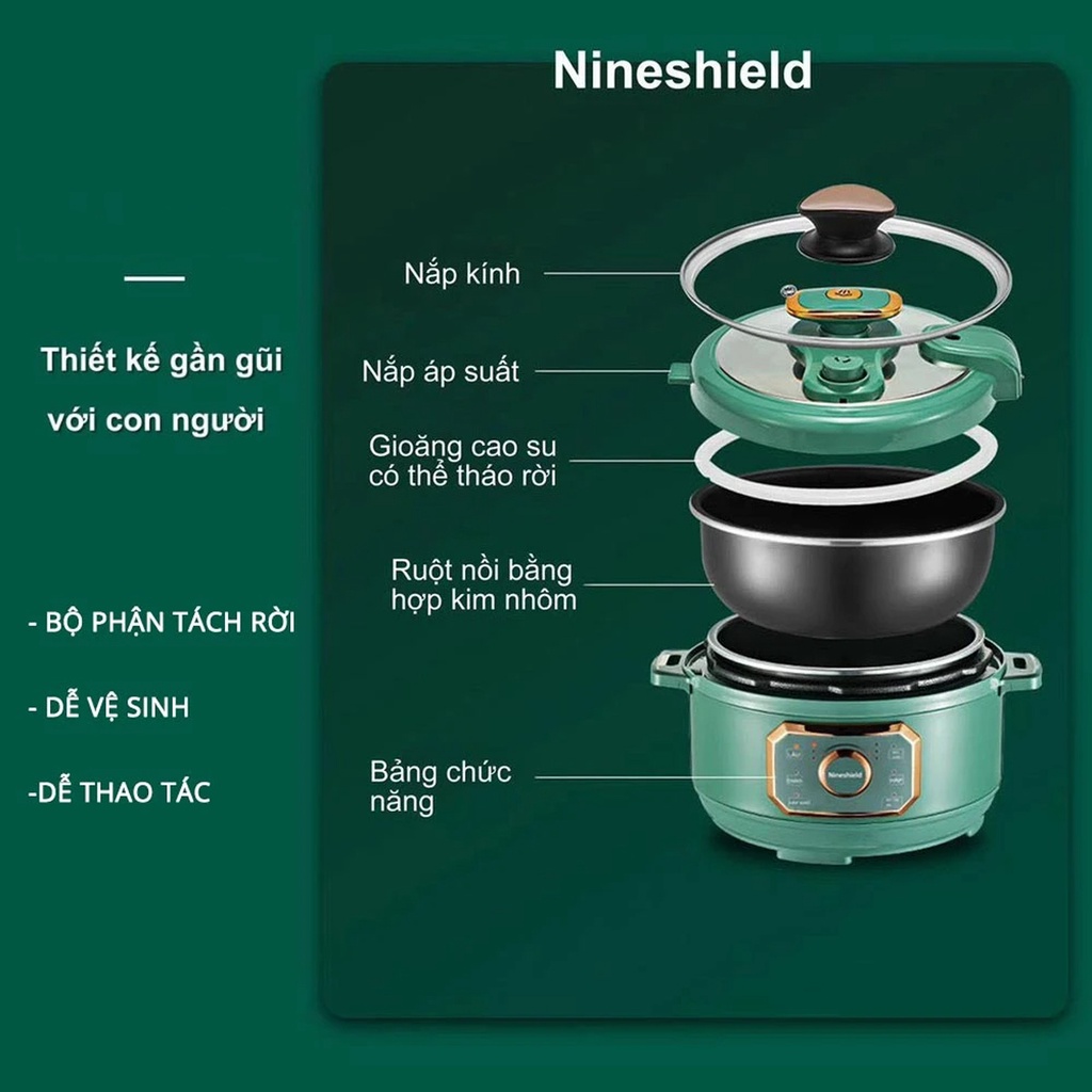 Nồi áp suất điện đa năng NineShield 4L, Điều khiển điện tử, 6 Chế độ nấu tự động – Nội địa Trung