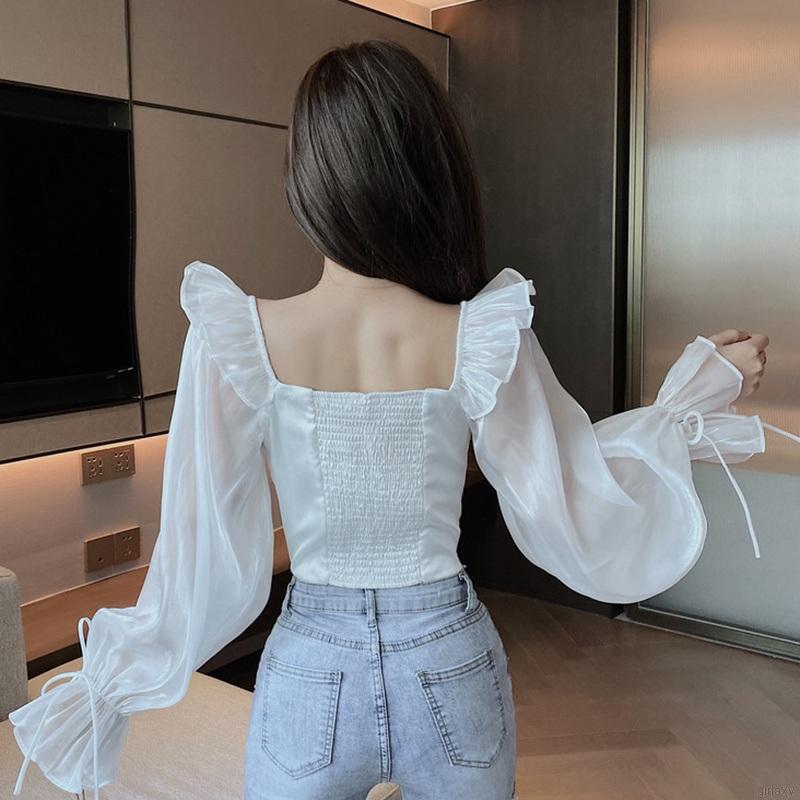 Áo Croptop Tay Dài Cổ Vuông Màu Trơn Thời Trang Nữ Gợi Cảm