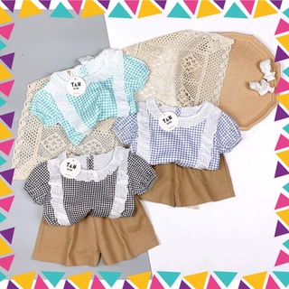 Quần áo bé gái, set áo caro tay bồng phối ren + quần thô mềm có túi cho bé gái sb030