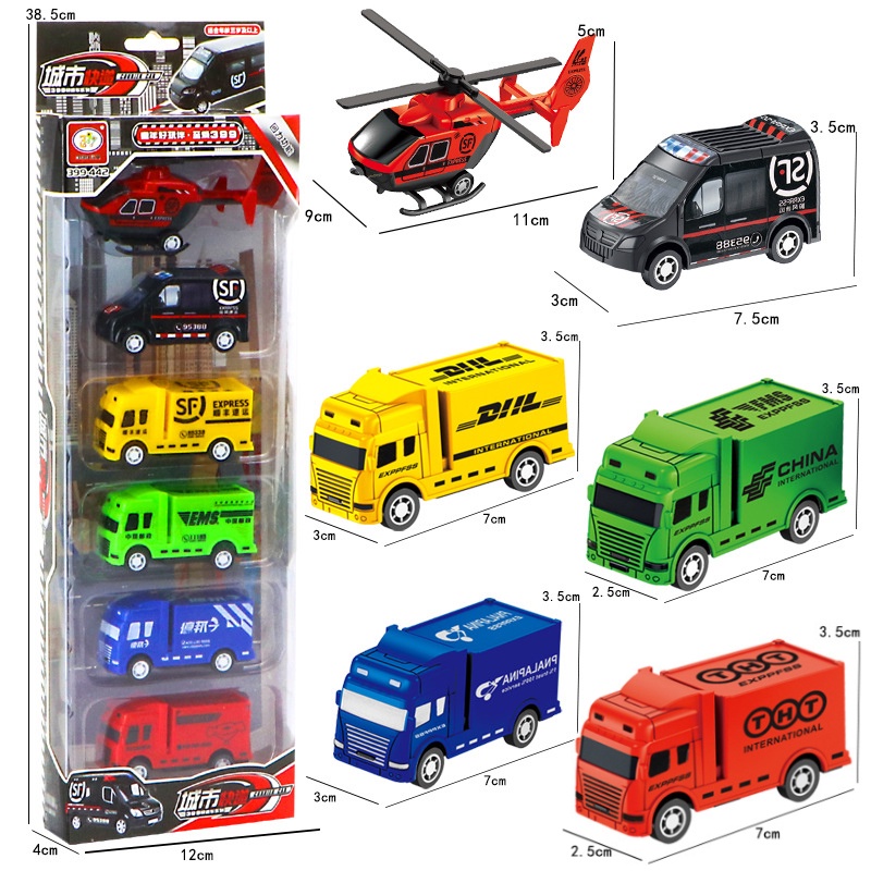 Bộ 6 xe đồ chơi chạy trớn cỡ nhỏ mô hình xe ô tô xe cứu hỏa cảnh sát máy bay trực thăng xe đua