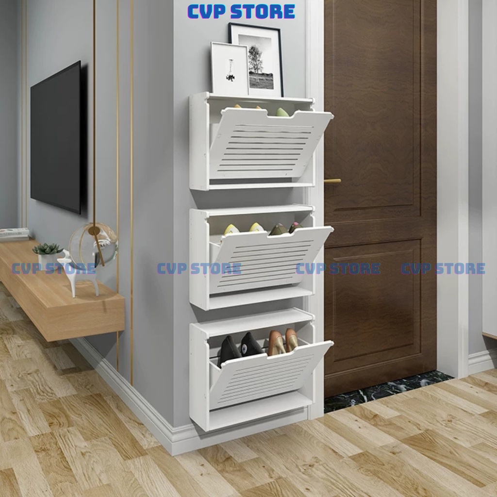 Tủ Giày Treo Tường Cánh Lật Phong Cách Bắc Âu Chất Liệu Gỗ Nhựa Kháng Nước Tuyệt Đối Không Ẩm Mốc, Cong Vênh