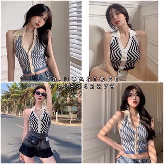 Áo Yếm Kẻ Sọc Cổ V Hở Lưng Sọc Đen Xanh - Áo Croptop Kiểu Sexy 2 Dây Cúc Cài Cổ Bẻ Polo Hai Màu Hot