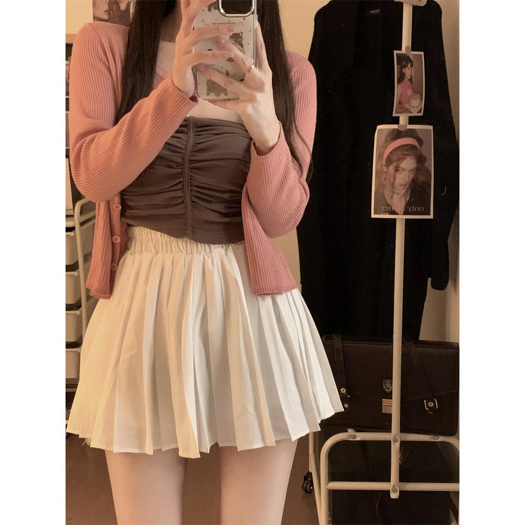 Xiaozhainv Chân Váy Chữ A Lưng Cao Xếp Ly Màu Sắc Đơn Giản Phong Cách Hàn Quốc Cho Nữ