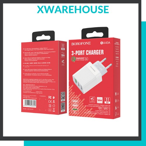 Cốc sạc nhanh 2A BOROFONE BA40A 3 cổng USB chính hãng, củ sạc hỗ trợ sạc nhanh tối đa 18W