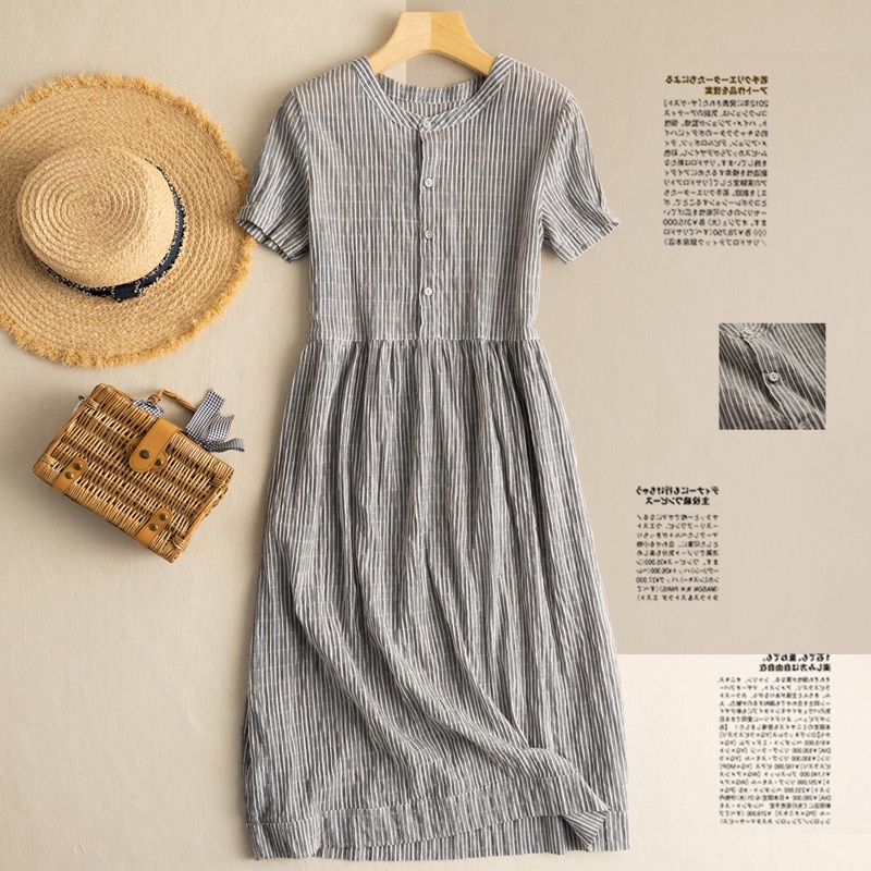 Đầm Cotton Lanh Dáng Rộng Ngắn Họa Tiết Kẻ Sọc Phong Cách Nhật Bản Cho Nữ