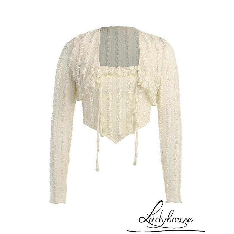 Bộ Áo Croptop Tay Dài Thắt Nơ + Áo Hai Dây Cổ Vuông Màu Trơn Thời Trang Xuân Hè Cho Nữ