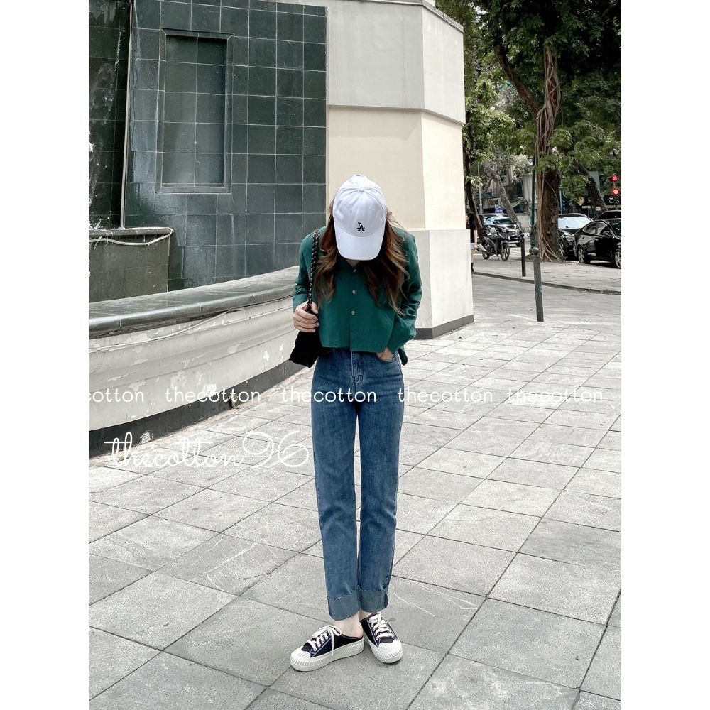 Quần bò nữ ống đứng lưng cao hàn quốc gấu lật hai màu quần jeans co giãn ullzang TheCotton