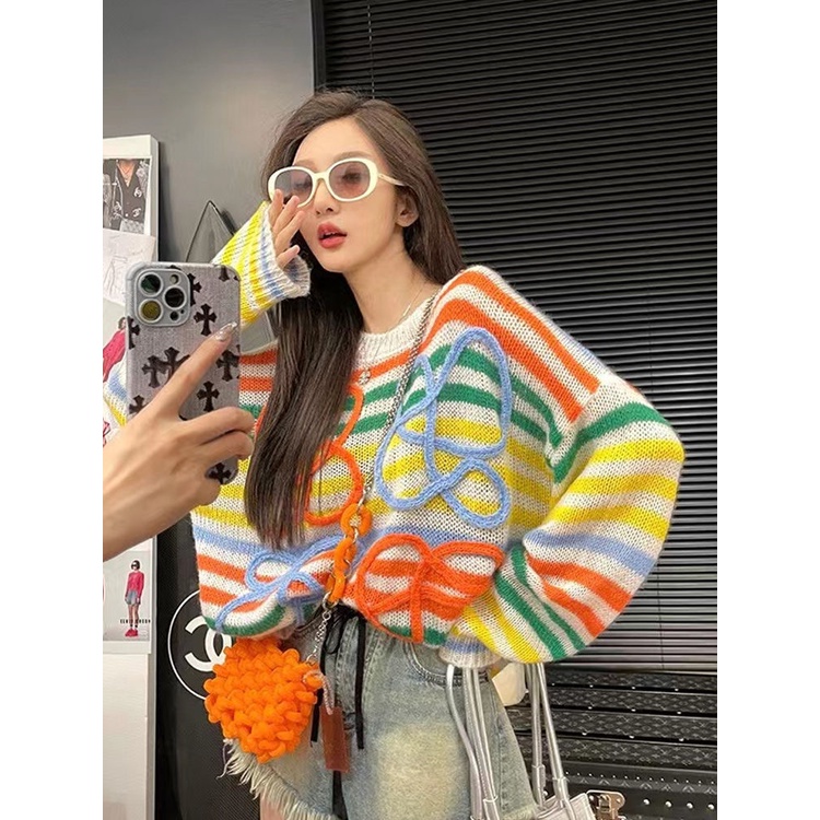 Jiashucheng Áo Sweater Dệt Kim Dáng Rộng Mềm Khoét Lỗ Họa Tiết Sọc Cầu Vồng Phong Cách Lười Mùa Thu Cao Cấp K