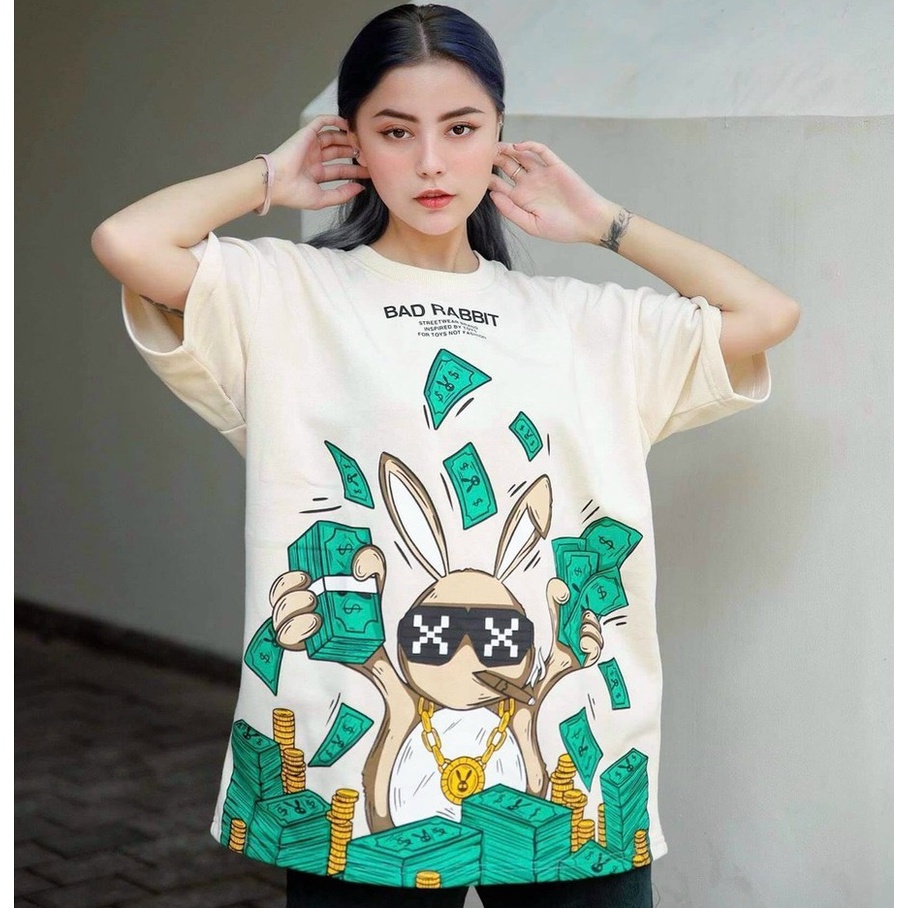 Áo Thun Cotton Hình Con Thỏ Bad Rabit, Áo Phông Nam Nữ Tay Lỡ Form Rộng