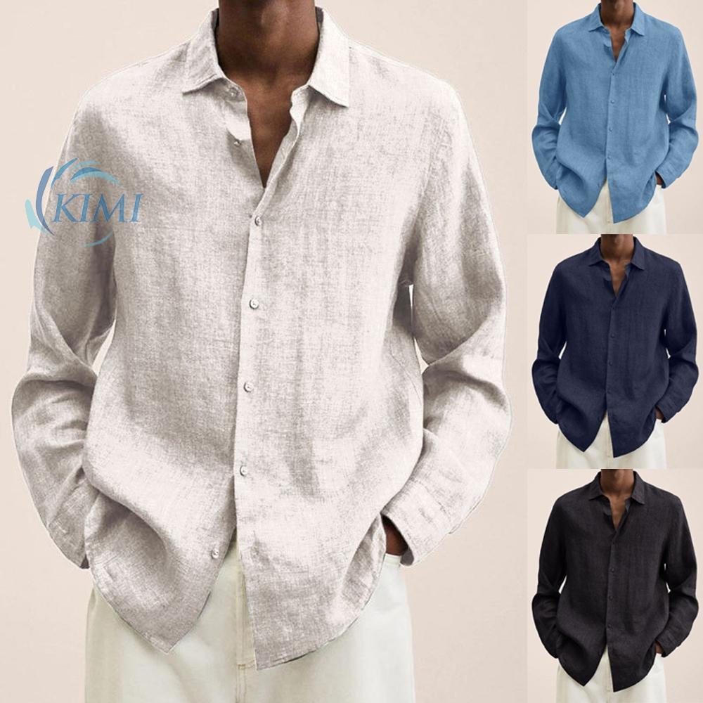 KIMI-Mens Long Sleeve Soild Buttons Cotton Linen Casual Loose Tops Shirt Plus Size