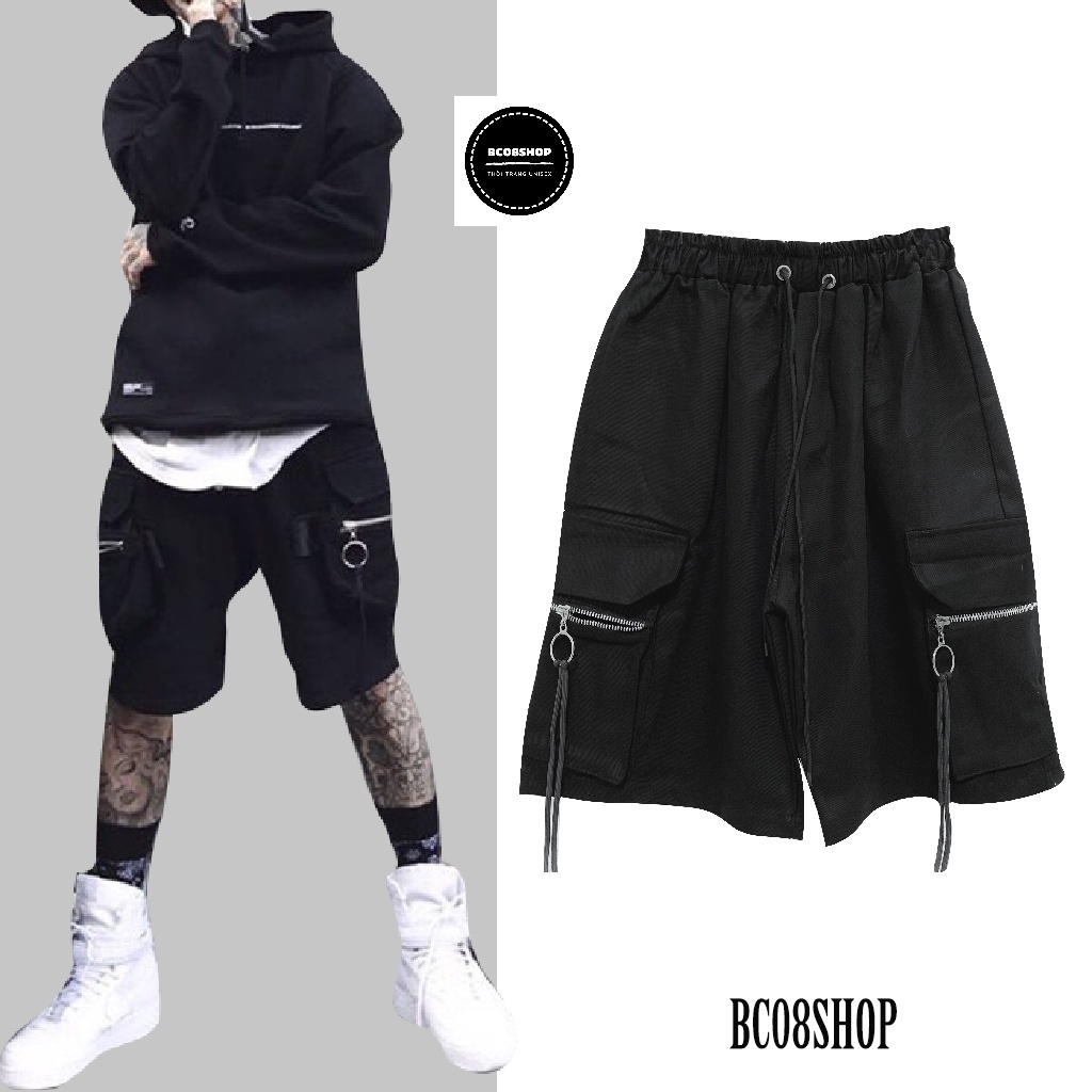 Quần Short Nam KaKi Màu Đen Phối Túi Hộp Khóa Tròn Phong Cách Unisex BC031