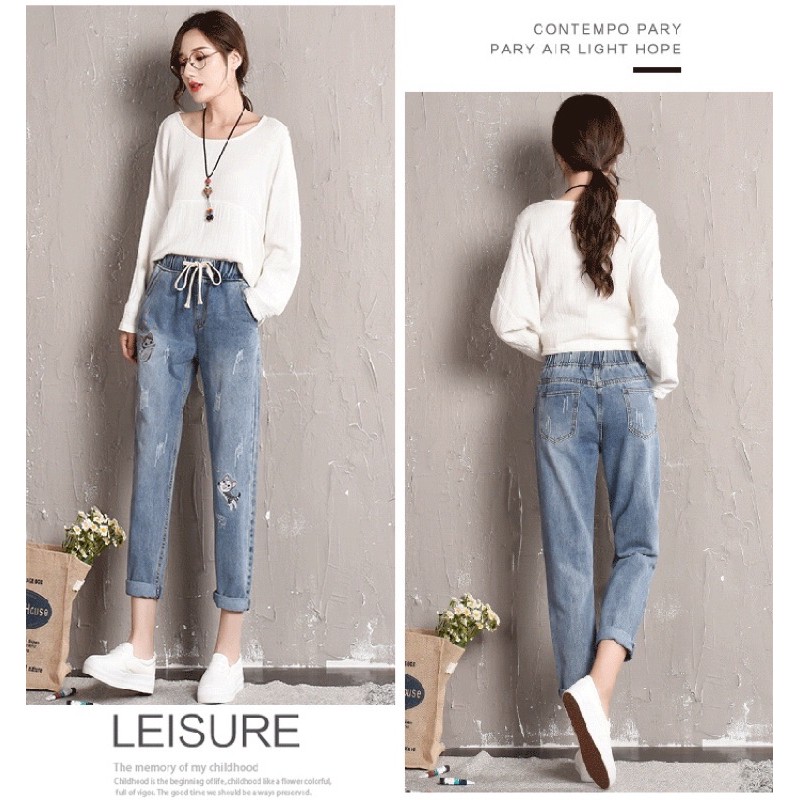 Quần jean nữ big size baggy lưng thun dây rút thêu mèo size đại 70-115kg