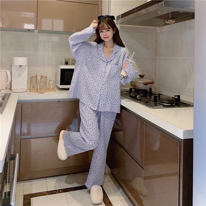 RẺ NHẤT SHOPEE SET BỘ PIJAMA DÀI TAY XÔ MUSLIN HOA NHÍ 3 MÀU