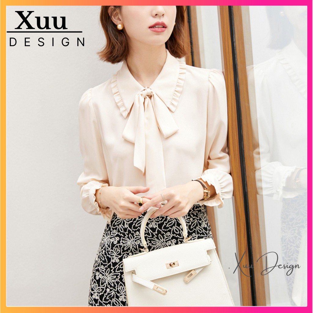 Áo Sơ Mi Nữ Thắt Nơ Xuu Design 💖 Freeship - Ảnh Thật💖 Sơ mi kiểu Nữ Chất Vải Đẹp Xu03 Kem