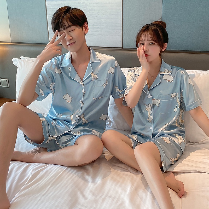 Bộ Đồ Ngủ Lụa Satin Tay Ngắn Plus Size M-5XL Dành Cho Nam Và Nữ