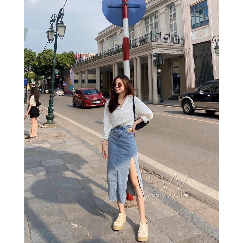 Chân Váy Denim Chữ A Lưng Cao Xẻ Tà Phong Cách Hàn Quốc