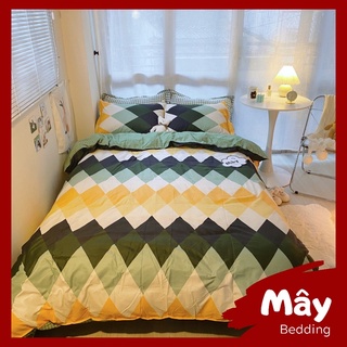 Bộ vỏ chăn ga gối Cotton Poly hoạ tiết hình thoi màu xanh lá vàng trắng MÂY BEDDING đủ kích thước nệm