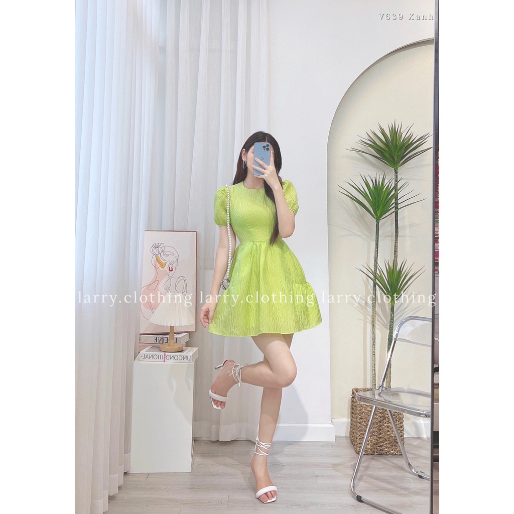 Đầm thiết kế nữ váy Tapta dáng babydoll vải nhăn cổ tròn 2 lớp chiết eo bồng thời trang thiết kế Larry Clothing V639