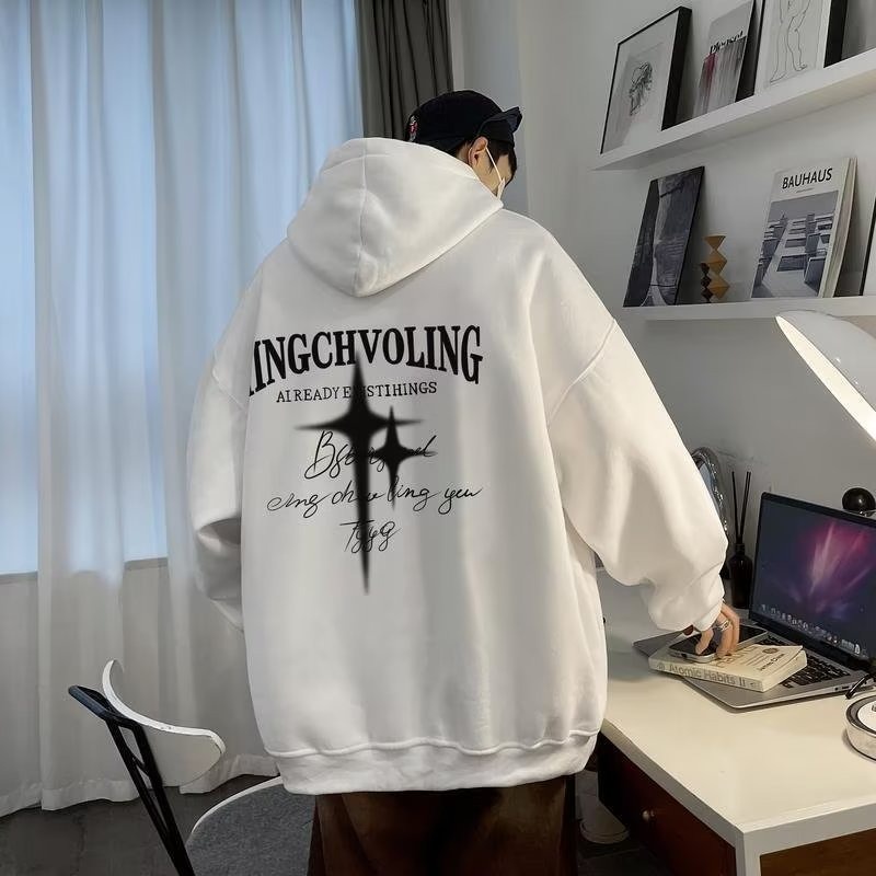 Áo Hoodie Nam Nữ Dáng Rộng Tay Dài In Chữ Và Ngôi Sao Thời Trang Mùa Thu