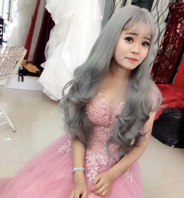 Tóc giả nguyên đầu  FREESHIP  nguyên đầu xoăn xám khói tặng kèm lưới trùm