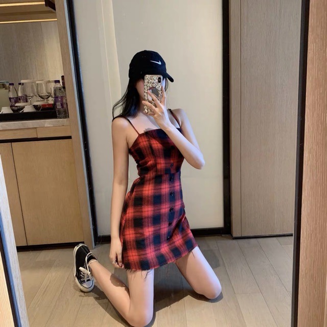 (Order 5-10days) Size S-4XL Set váy 2 dây kẻ caro + áo khoác ngoài mỏng 2020 | BigBuy360 - bigbuy360.vn