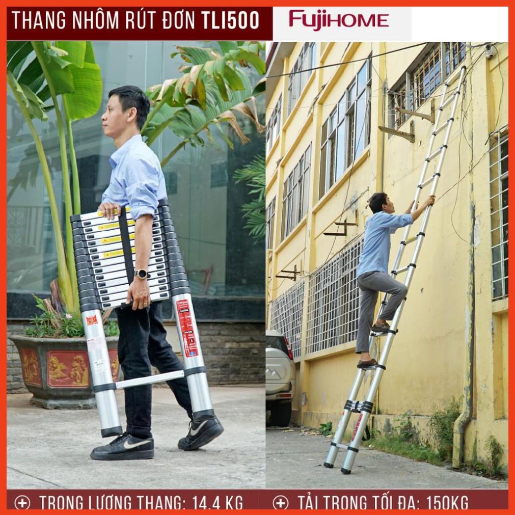 Thang nhôm rút đơn FUJIHOME 3,8M - 5M gấp gọn chính hãng, thang rút xếp gọn gia đình đa năng Nhập Khẩu Nhật Bản