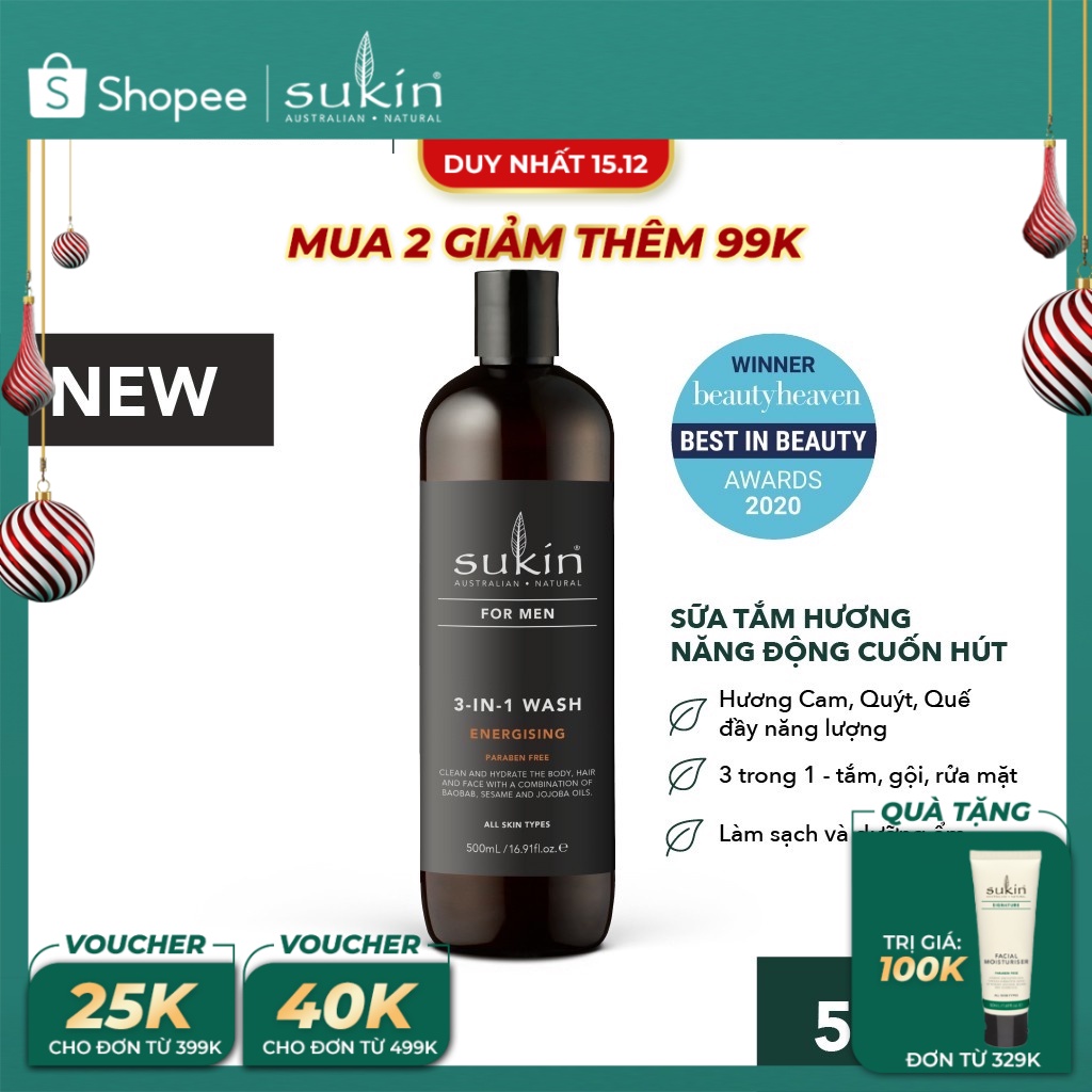 Sữa Tắm Sukin Bổ Sung Năng Lượng 3 trong 1 Dành Cho Nam Sukin For Men 3 - in - 1 Wash Energising 500ml